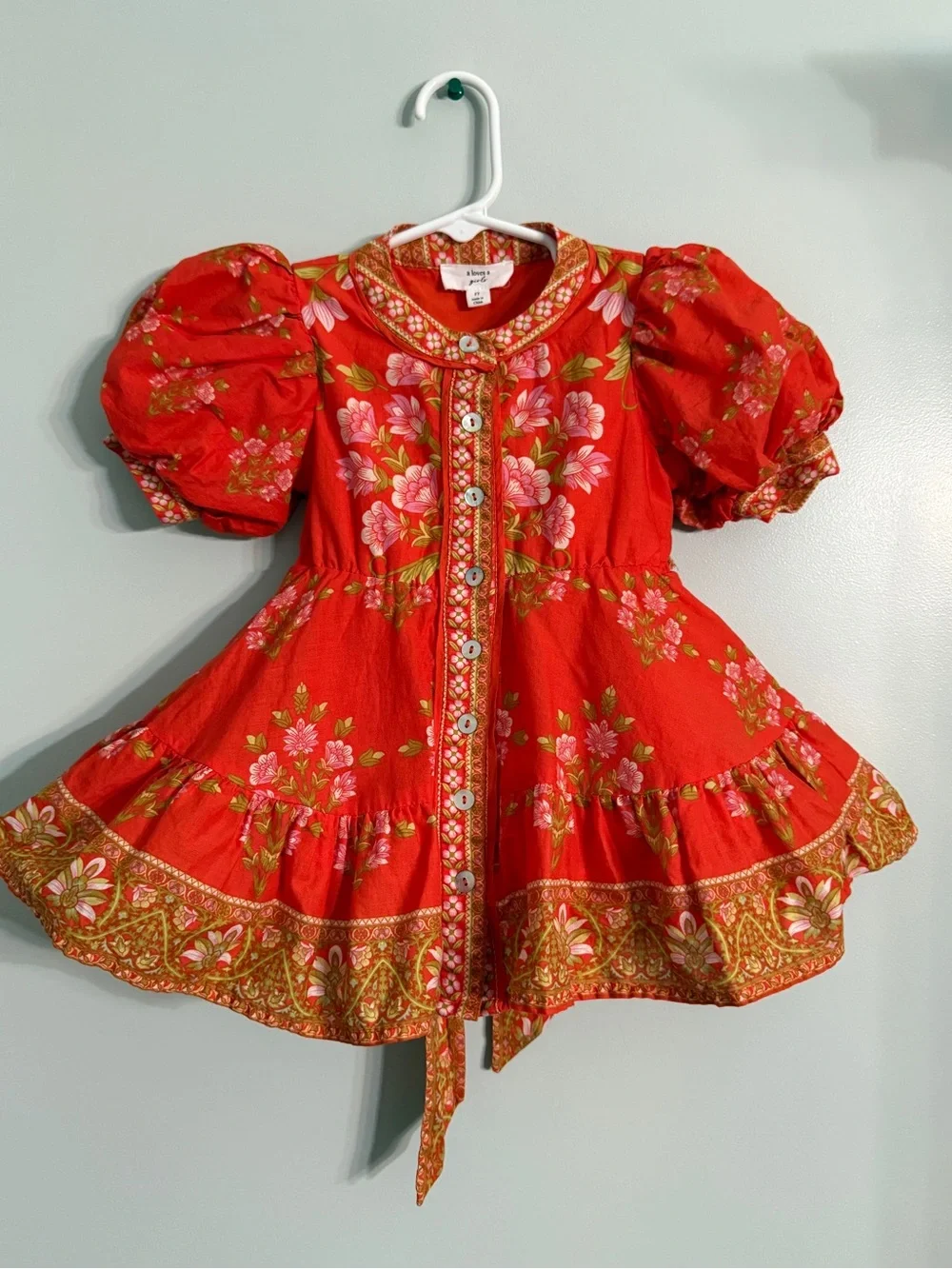 A Loves A Girls 2T Boho Floral Puff Sleeve Tiered Button Down Dress Red